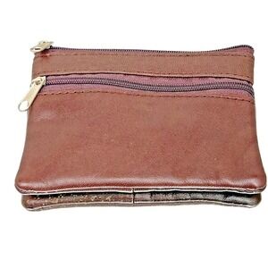 Genuine Leather Coin Purse Change Pouch Multi Zip Key Ring Brown Compact Wallet